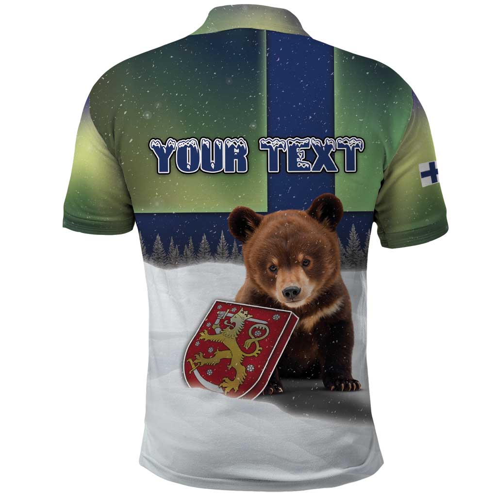Personalized Finland Polo Shirt Brown Bear With Symbol Under The Aurora Sky - Wonder Print Shop