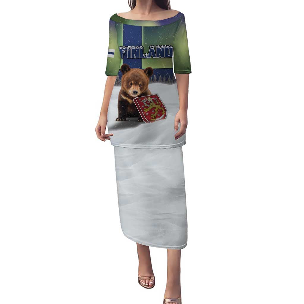 Personalized Finland Puletasi Brown Bear With Symbol Under The Aurora Sky - Wonder Print Shop