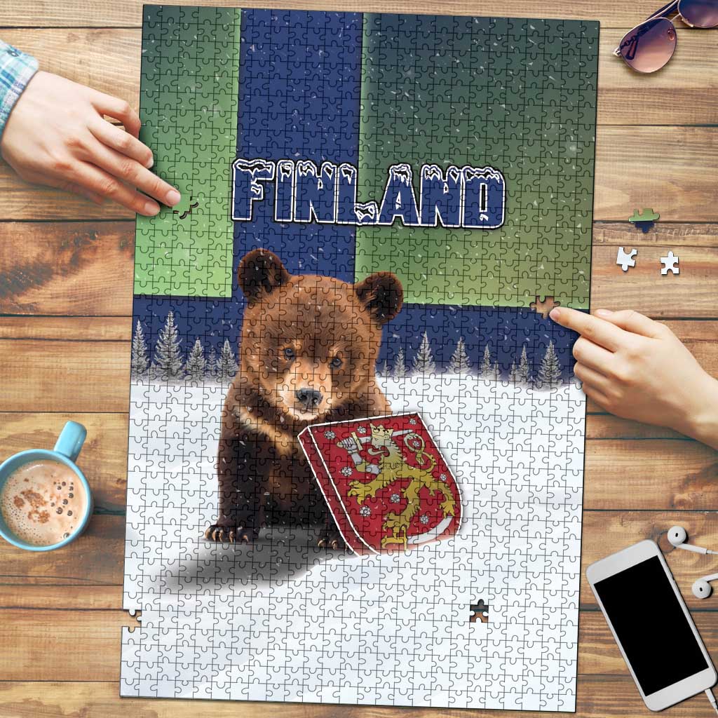 Finland Puzzle Brown Bear With Symbol Under The Aurora Sky - Wonder Print Shop