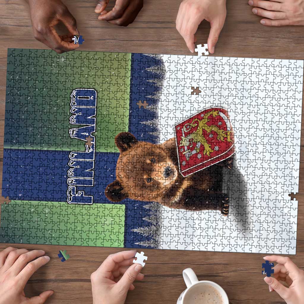 Finland Puzzle Brown Bear With Symbol Under The Aurora Sky - Wonder Print Shop