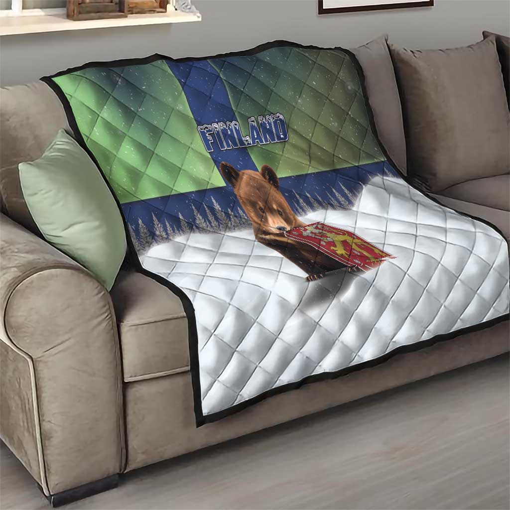 Finland Quilt Brown Bear With Symbol Under The Aurora Sky - Wonder Print Shop