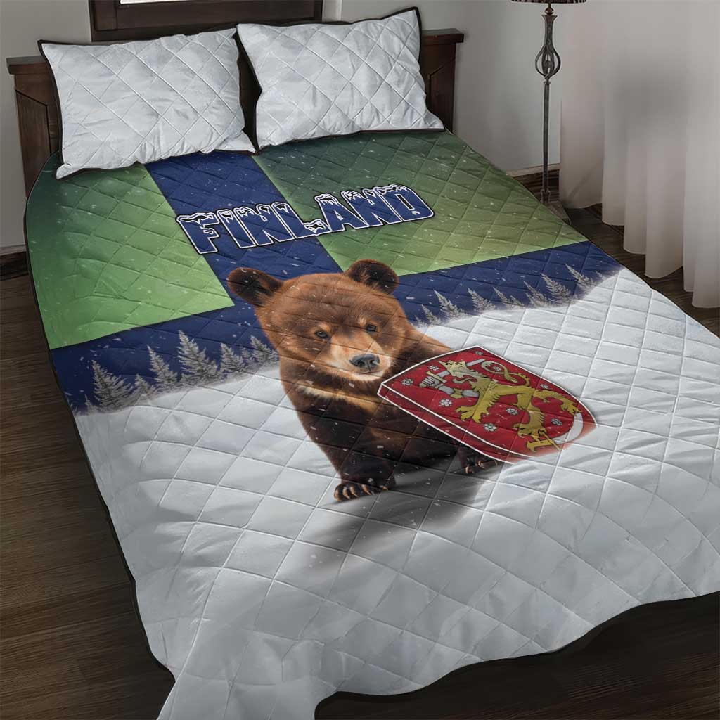 Finland Quilt Bed Set Brown Bear With Symbol Under The Aurora Sky - Wonder Print Shop