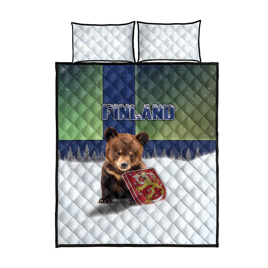 Finland Quilt Bed Set Brown Bear With Symbol Under The Aurora Sky - Wonder Print Shop