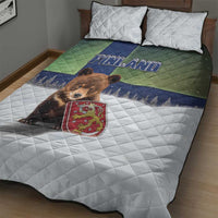 Finland Quilt Bed Set Brown Bear With Symbol Under The Aurora Sky - Wonder Print Shop