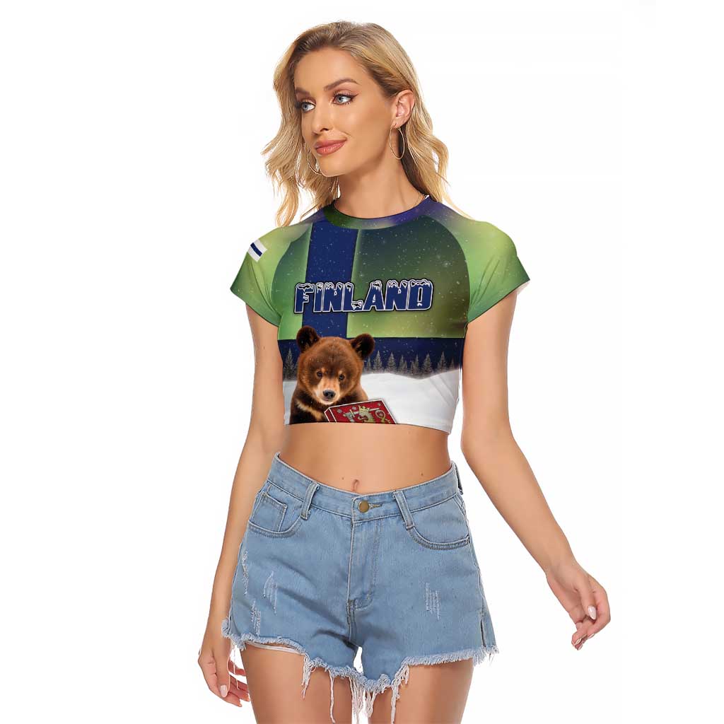 Personalized Finland Raglan Cropped T Shirt Brown Bear With Symbol Under The Aurora Sky - Wonder Print Shop