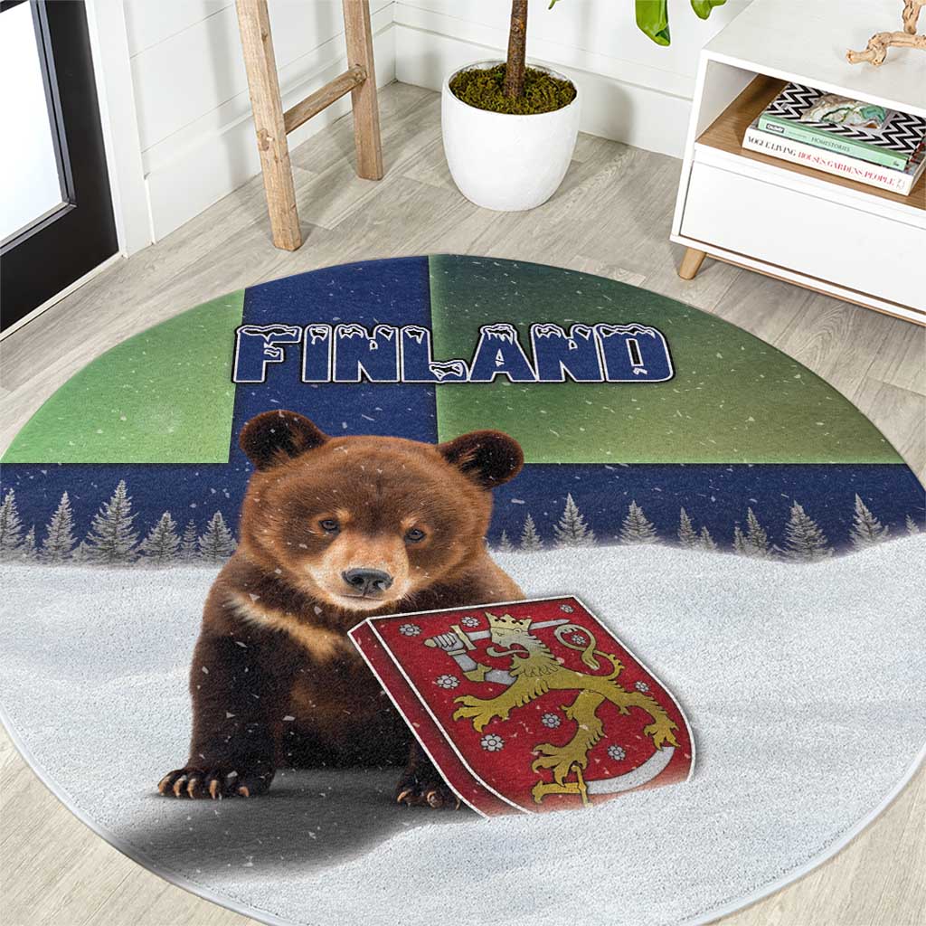 Finland Round Carpet Brown Bear With Symbol Under The Aurora Sky - Wonder Print Shop