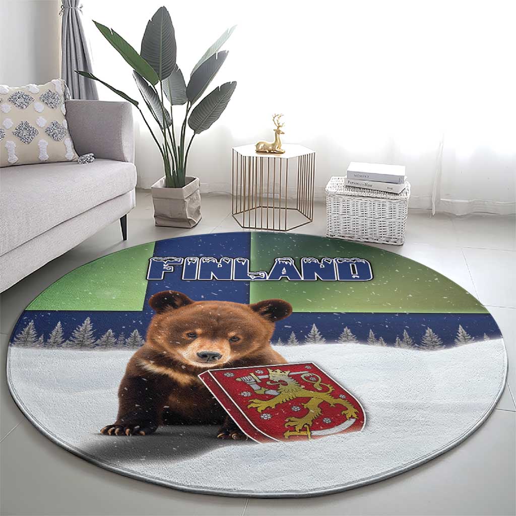 Finland Round Carpet Brown Bear With Symbol Under The Aurora Sky - Wonder Print Shop