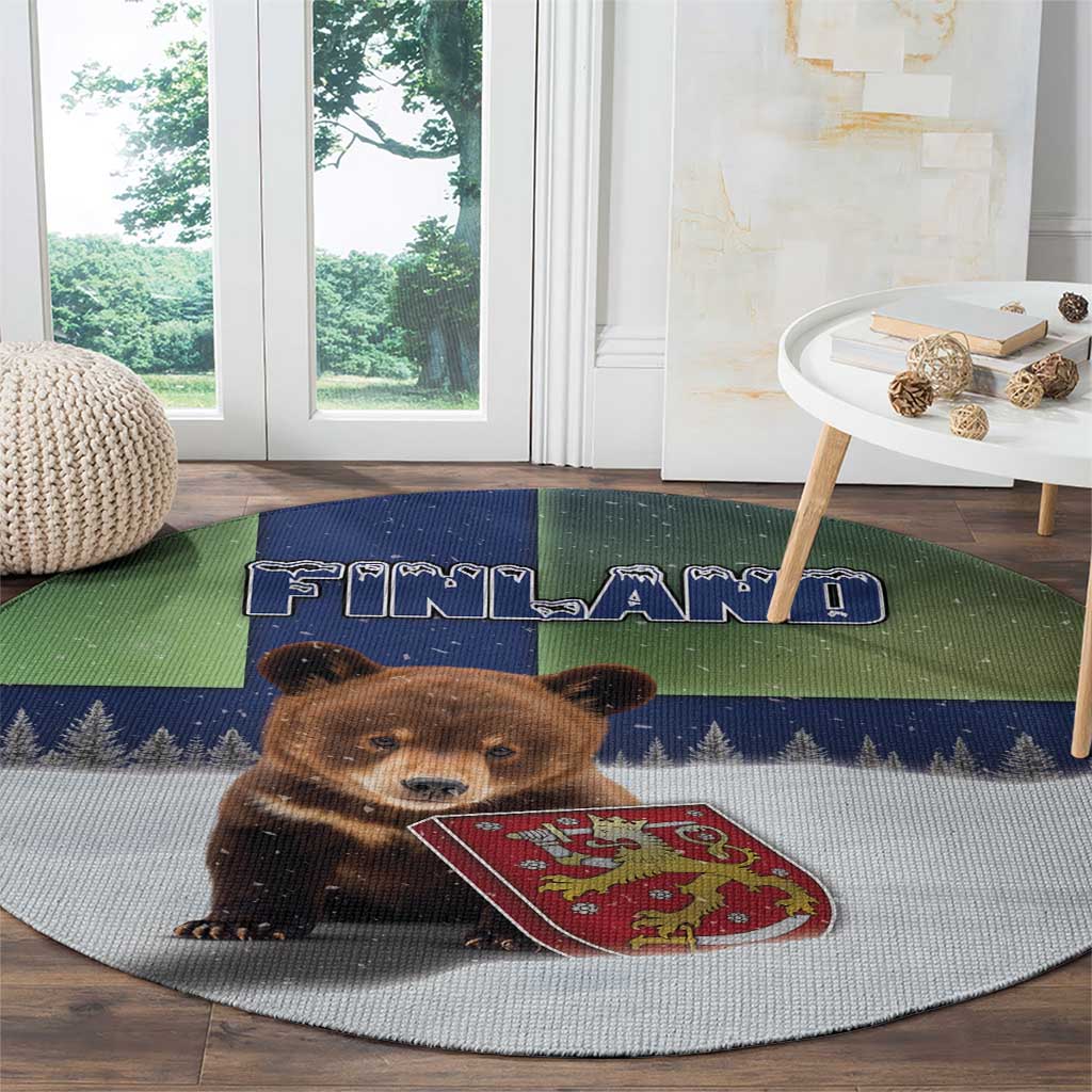 Finland Round Carpet Brown Bear With Symbol Under The Aurora Sky - Wonder Print Shop