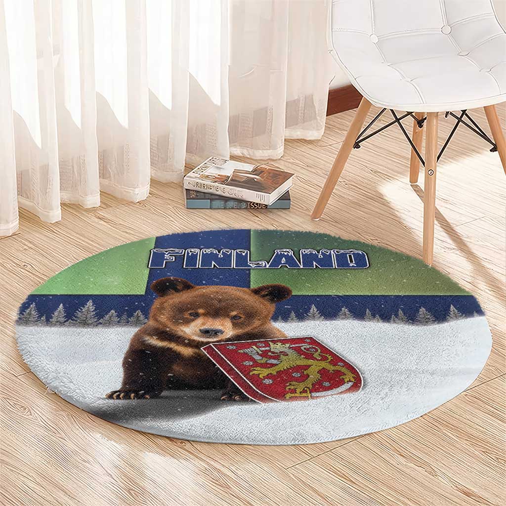 Finland Round Carpet Brown Bear With Symbol Under The Aurora Sky - Wonder Print Shop