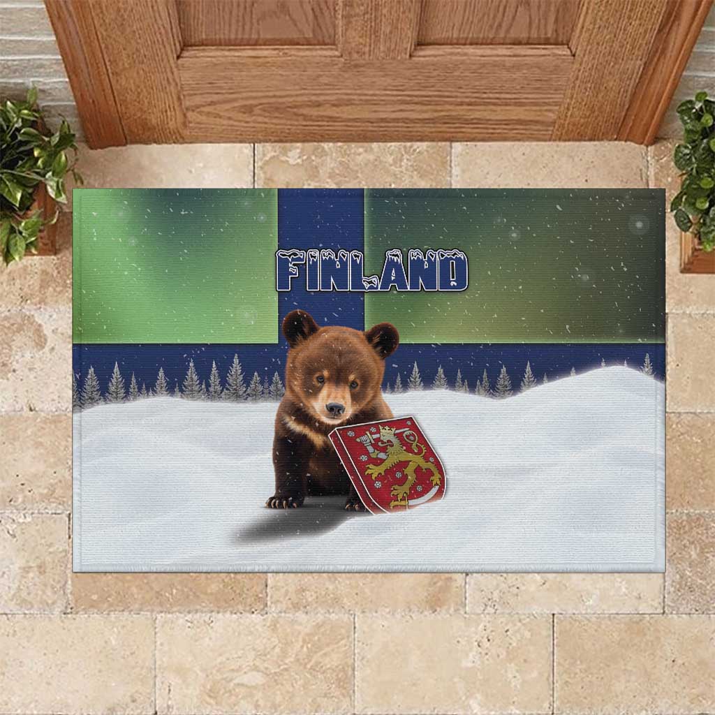 Finland Rubber Doormat Brown Bear With Symbol Under The Aurora Sky - Wonder Print Shop
