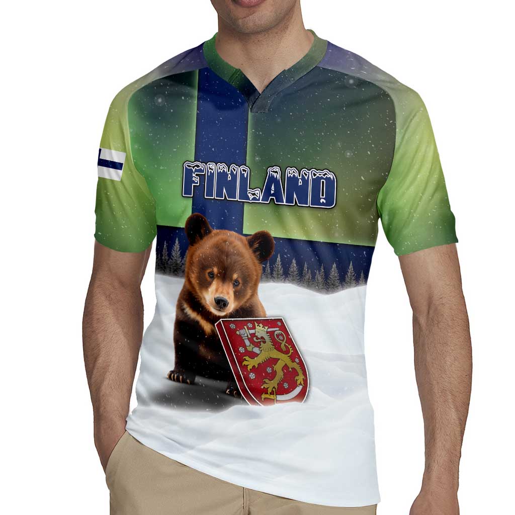 Personalized Finland Rugby Jersey Brown Bear With Symbol Under The Aurora Sky - Wonder Print Shop