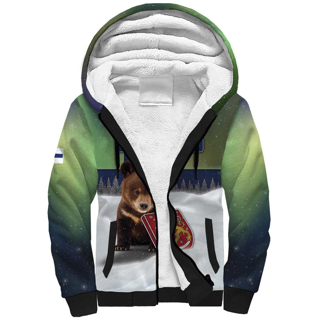 Personalized Finland Sherpa Hoodie Brown Bear With Symbol Under The Aurora Sky - Wonder Print Shop