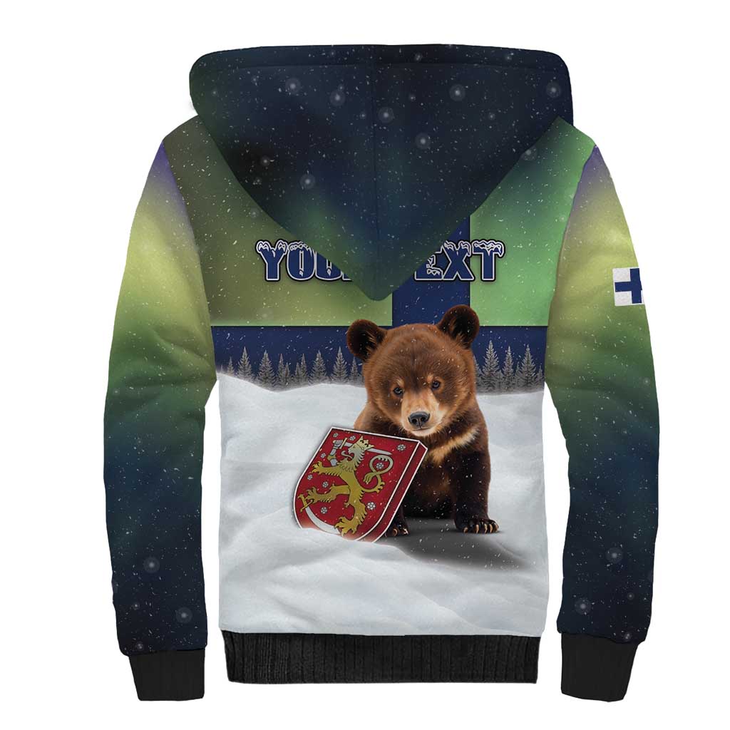 Personalized Finland Sherpa Hoodie Brown Bear With Symbol Under The Aurora Sky - Wonder Print Shop