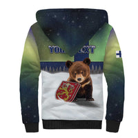 Personalized Finland Sherpa Hoodie Brown Bear With Symbol Under The Aurora Sky - Wonder Print Shop