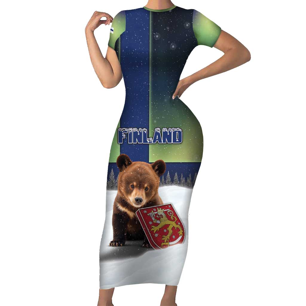 Personalized Finland Short Sleeve Bodycon Dress Brown Bear With Symbol Under The Aurora Sky - Wonder Print Shop