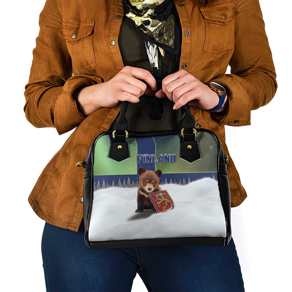 Finland Shoulder Handbag Brown Bear With Symbol Under The Aurora Sky - Wonder Print Shop