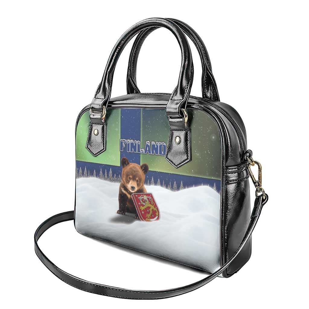 Finland Shoulder Handbag Brown Bear With Symbol Under The Aurora Sky - Wonder Print Shop