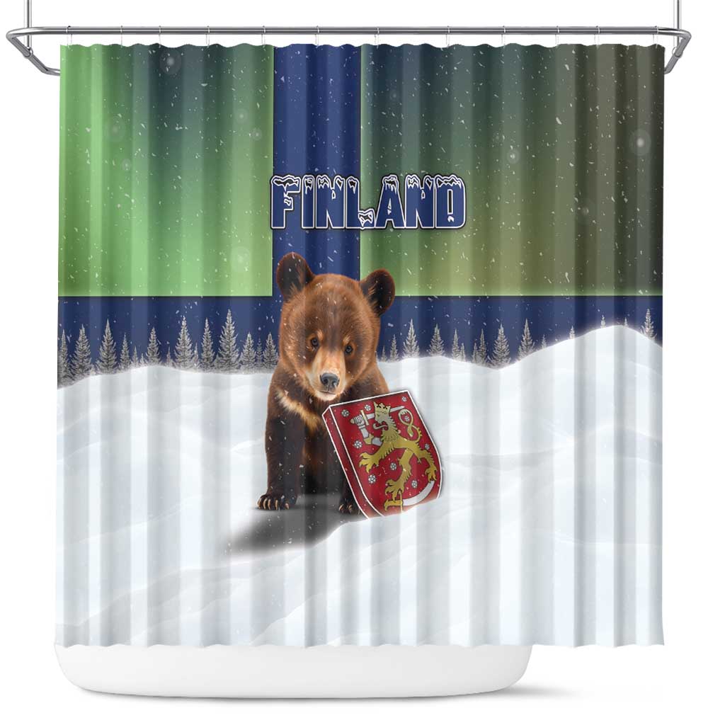 Finland Shower Curtain Brown Bear With Symbol Under The Aurora Sky - Wonder Print Shop