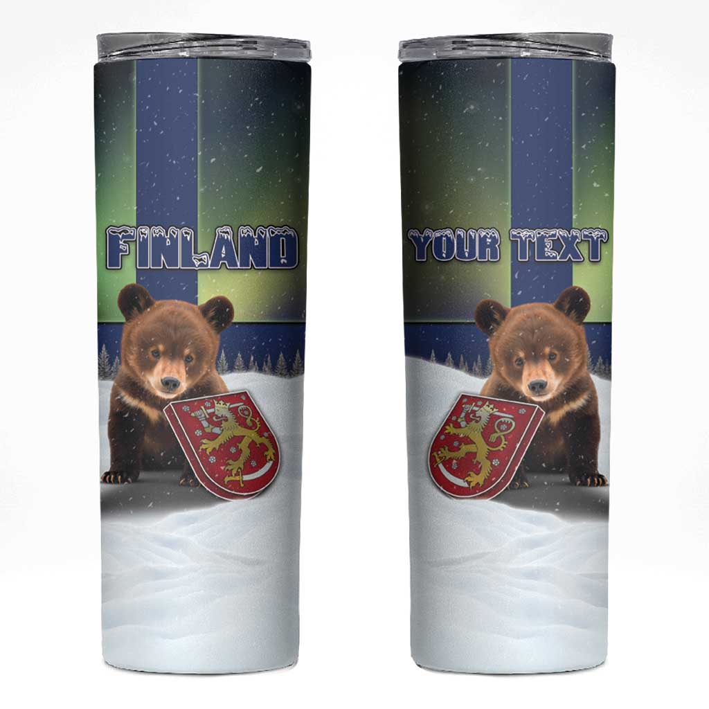Personalized Finland Skinny Tumbler Brown Bear With Symbol Under The Aurora Sky - Wonder Print Shop