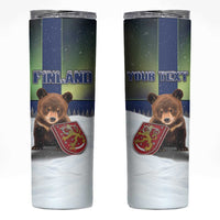 Personalized Finland Skinny Tumbler Brown Bear With Symbol Under The Aurora Sky - Wonder Print Shop