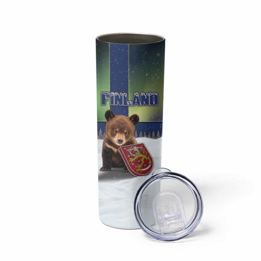 Personalized Finland Skinny Tumbler Brown Bear With Symbol Under The Aurora Sky - Wonder Print Shop