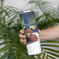 Personalized Finland Skinny Tumbler Brown Bear With Symbol Under The Aurora Sky - Wonder Print Shop