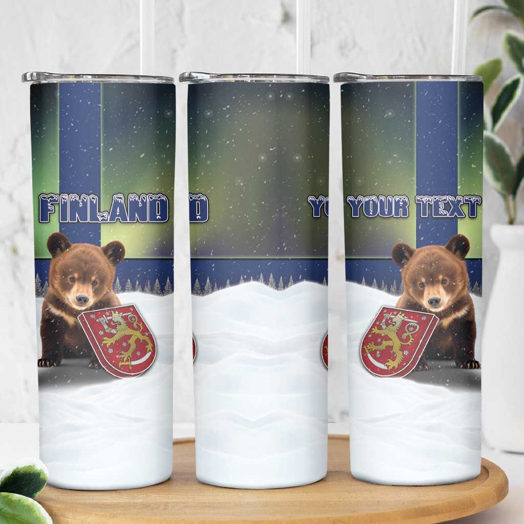 Personalized Finland Skinny Tumbler Brown Bear With Symbol Under The Aurora Sky - Wonder Print Shop