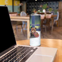 Personalized Finland Skinny Tumbler Brown Bear With Symbol Under The Aurora Sky - Wonder Print Shop