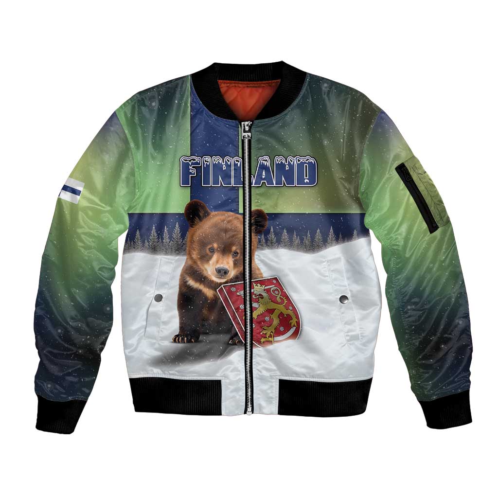 Personalized Finland Sleeve Zip Bomber Jacket Brown Bear With Symbol Under The Aurora Sky - Wonder Print Shop