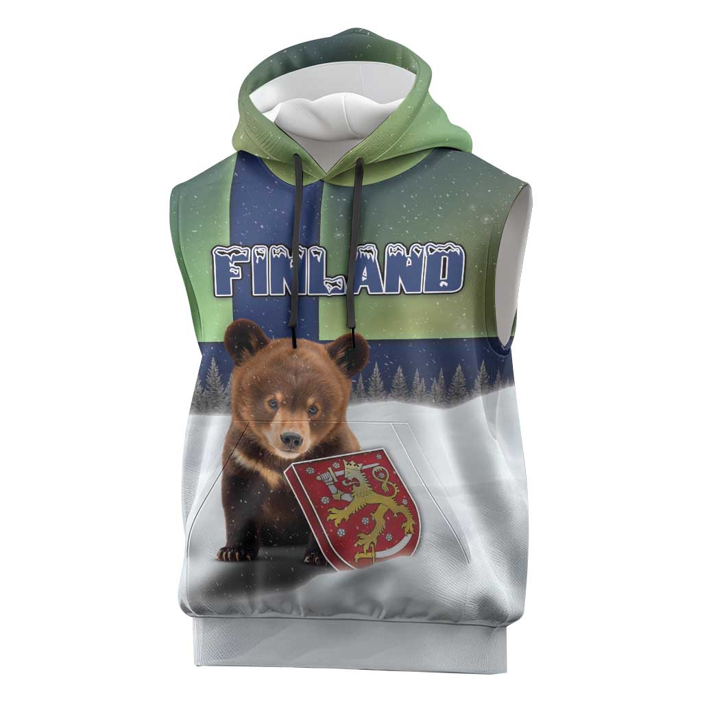 Personalized Finland Sleeveless Hoodie Brown Bear With Symbol Under The Aurora Sky - Wonder Print Shop