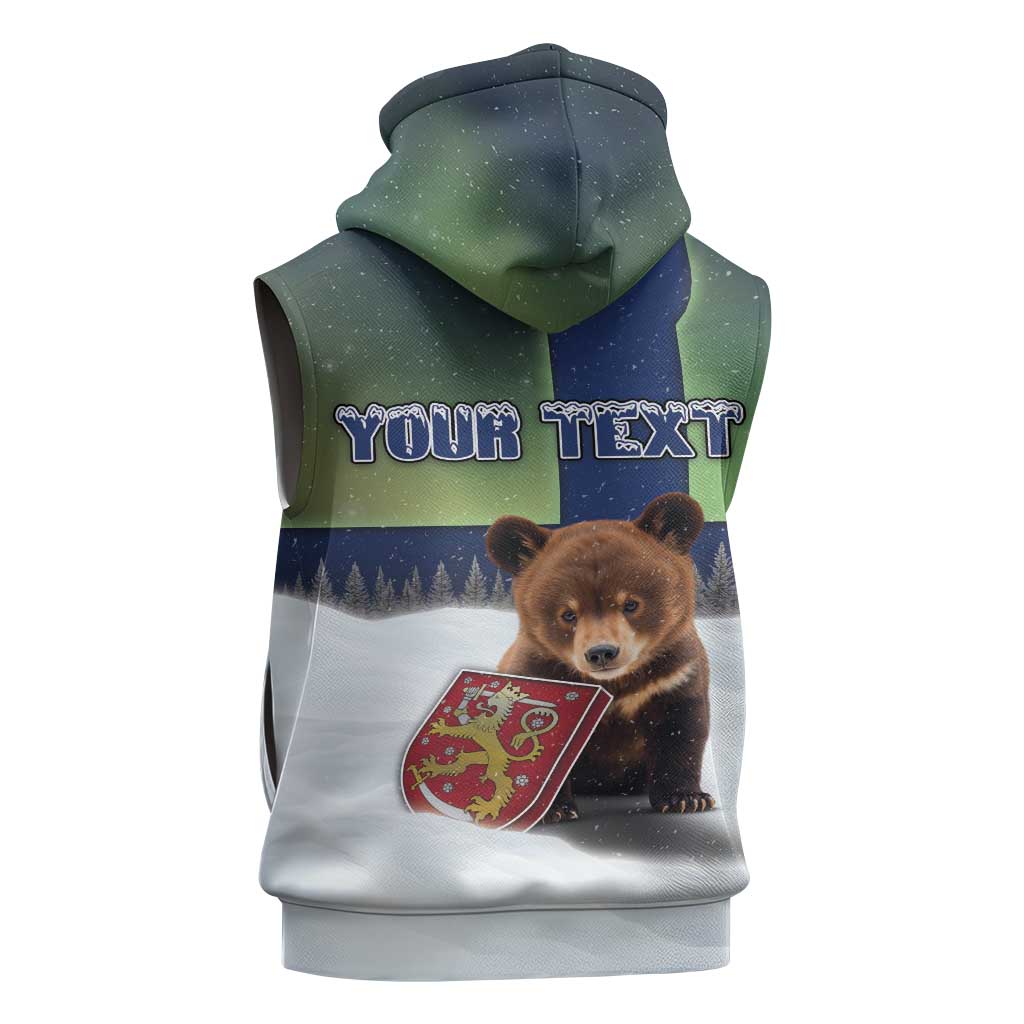 Personalized Finland Sleeveless Hoodie Brown Bear With Symbol Under The Aurora Sky - Wonder Print Shop