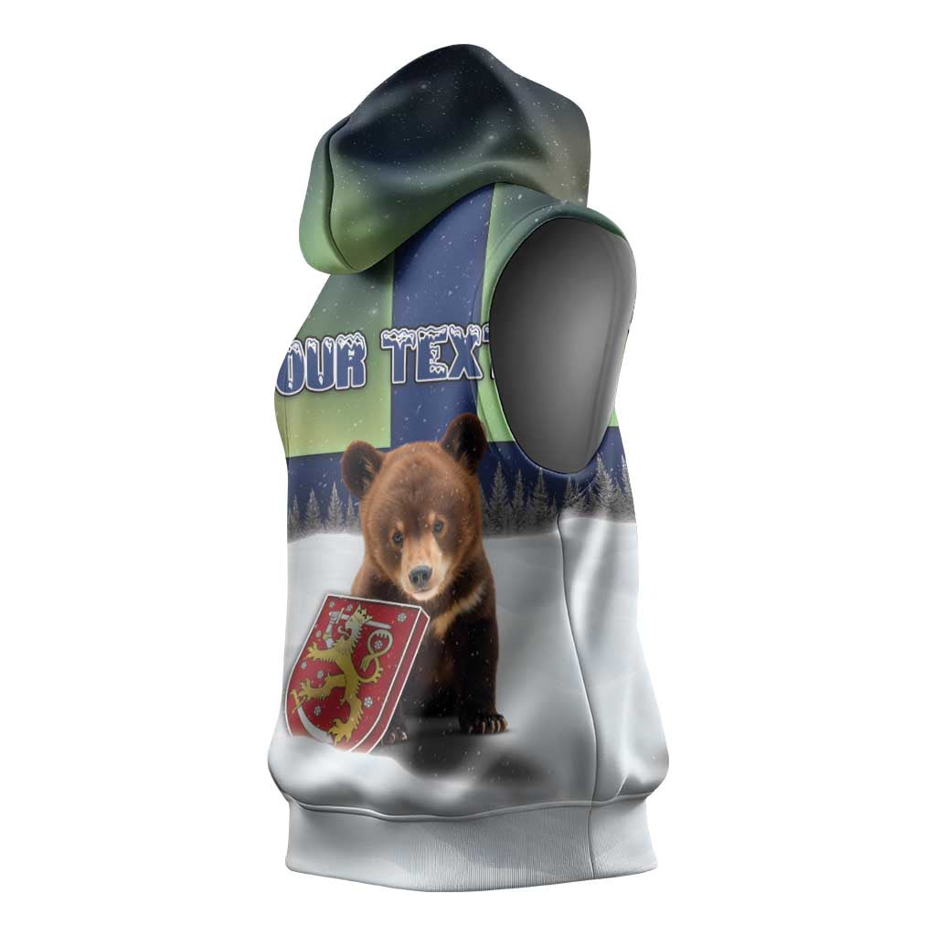 Personalized Finland Sleeveless Hoodie Brown Bear With Symbol Under The Aurora Sky - Wonder Print Shop