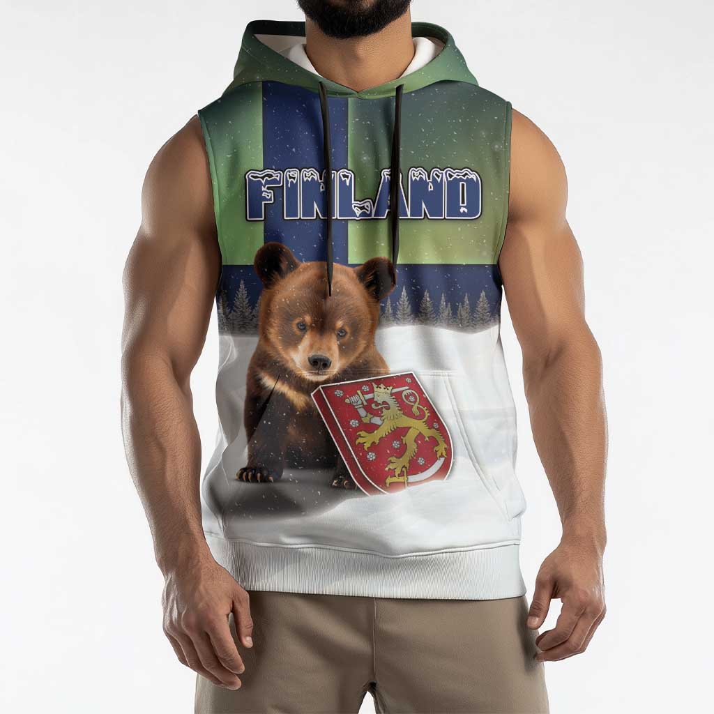 Personalized Finland Sleeveless Hoodie Brown Bear With Symbol Under The Aurora Sky - Wonder Print Shop