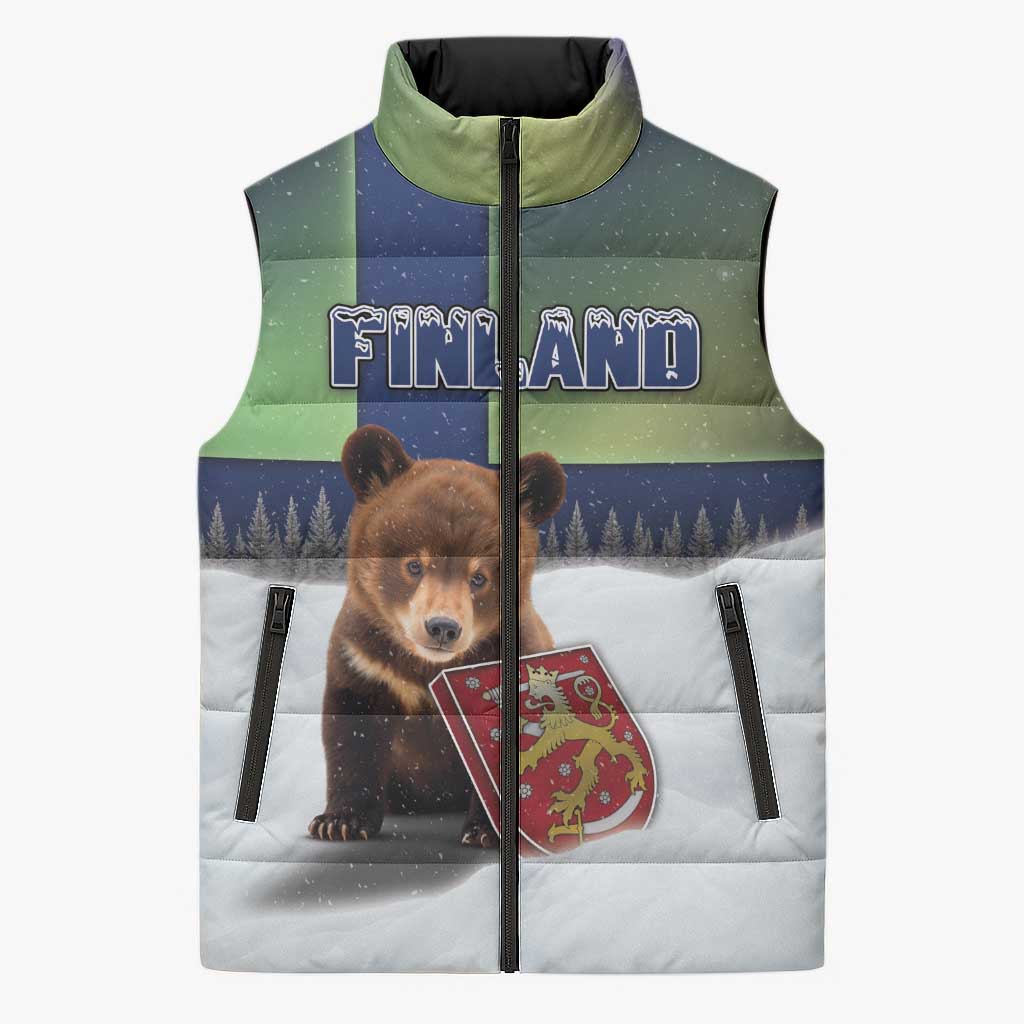 Personalized Finland Sleeveless Puffer Jacket Brown Bear With Symbol Under The Aurora Sky - Wonder Print Shop