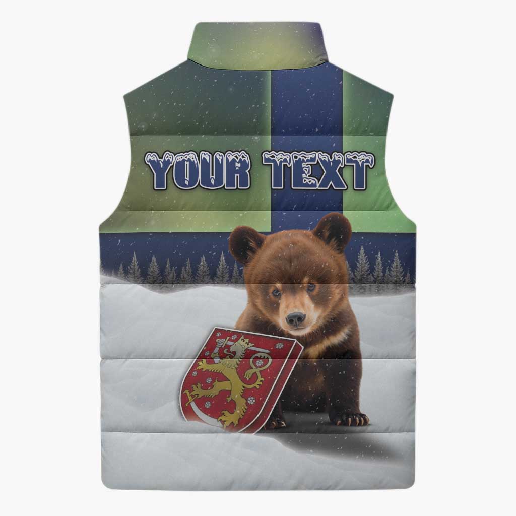 Personalized Finland Sleeveless Puffer Jacket Brown Bear With Symbol Under The Aurora Sky - Wonder Print Shop