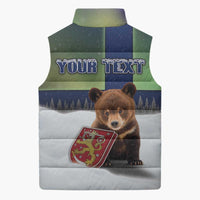 Personalized Finland Sleeveless Puffer Jacket Brown Bear With Symbol Under The Aurora Sky - Wonder Print Shop