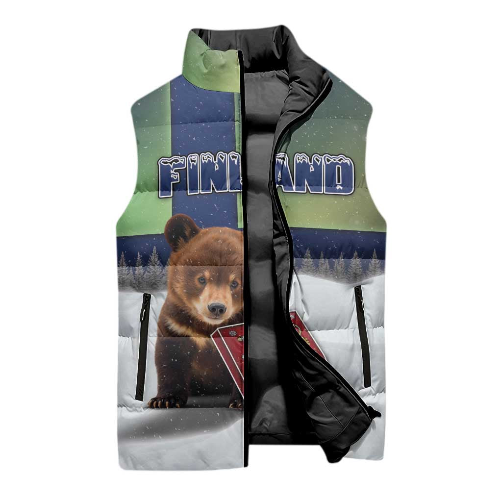Personalized Finland Sleeveless Puffer Jacket Brown Bear With Symbol Under The Aurora Sky - Wonder Print Shop