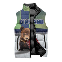 Personalized Finland Sleeveless Puffer Jacket Brown Bear With Symbol Under The Aurora Sky - Wonder Print Shop
