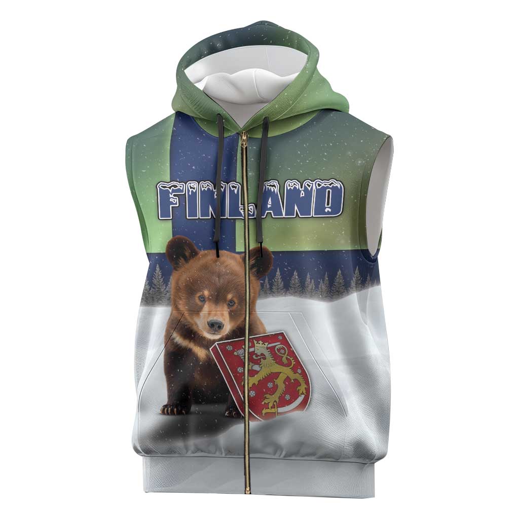 Personalized Finland Sleeveless Zip Hoodie Brown Bear With Symbol Under The Aurora Sky - Wonder Print Shop