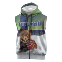 Personalized Finland Sleeveless Zip Hoodie Brown Bear With Symbol Under The Aurora Sky - Wonder Print Shop
