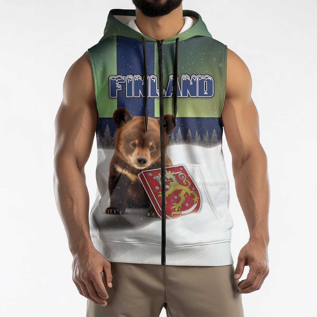 Personalized Finland Sleeveless Zip Hoodie Brown Bear With Symbol Under The Aurora Sky - Wonder Print Shop