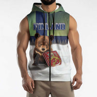 Personalized Finland Sleeveless Zip Hoodie Brown Bear With Symbol Under The Aurora Sky - Wonder Print Shop