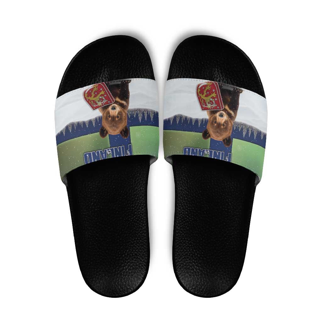 Finland Slide Sandals Brown Bear With Symbol Under The Aurora Sky - Wonder Print Shop