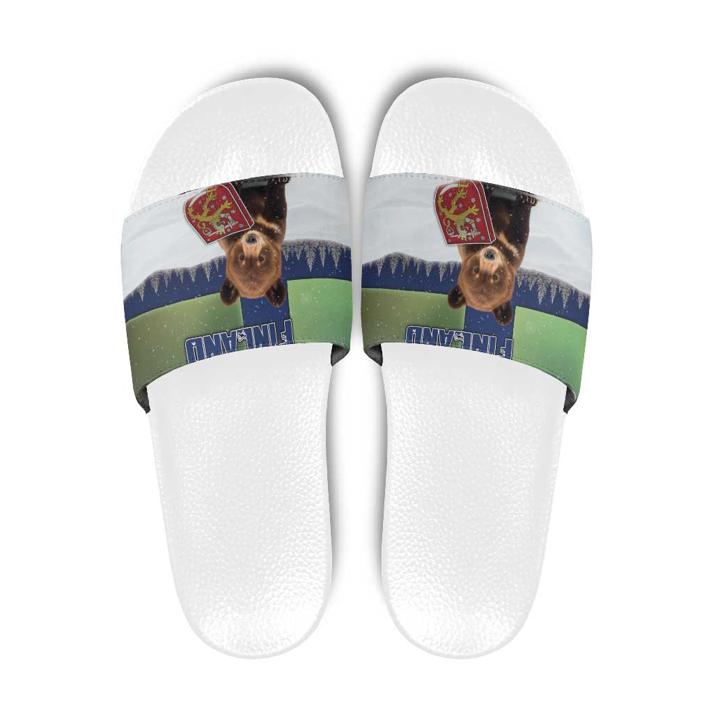 Finland Slide Sandals Brown Bear With Symbol Under The Aurora Sky - Wonder Print Shop