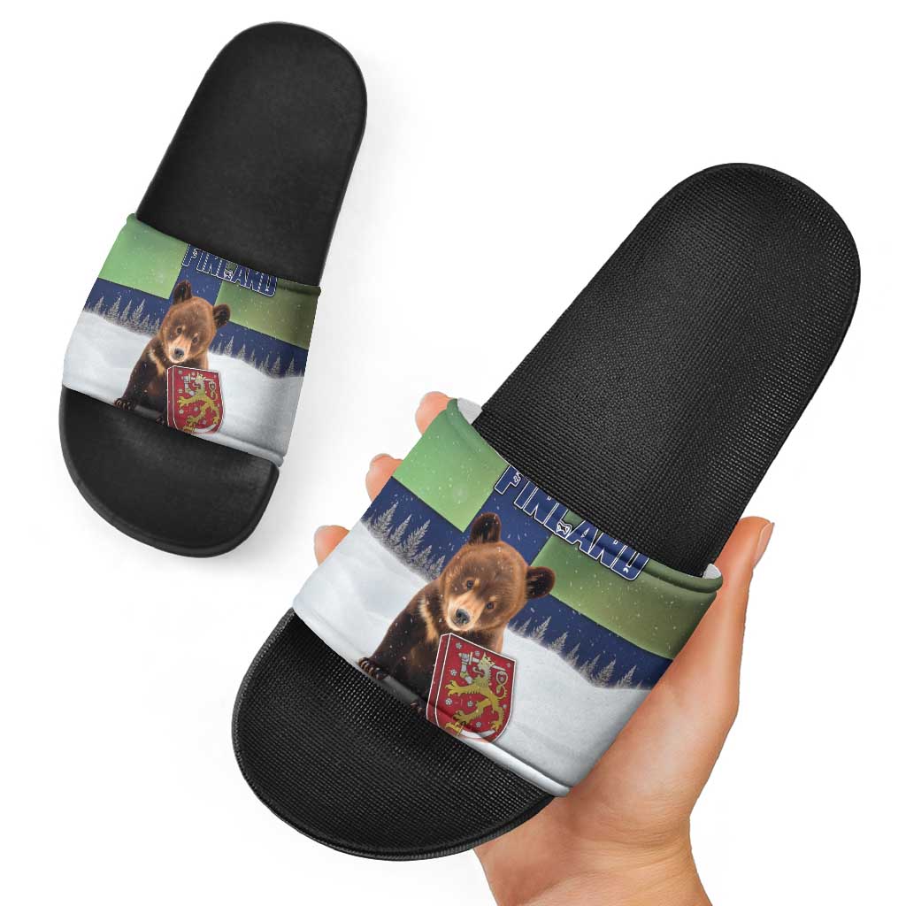Finland Slide Sandals Brown Bear With Symbol Under The Aurora Sky - Wonder Print Shop