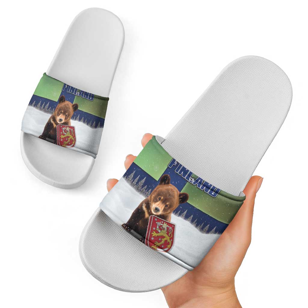 Finland Slide Sandals Brown Bear With Symbol Under The Aurora Sky - Wonder Print Shop