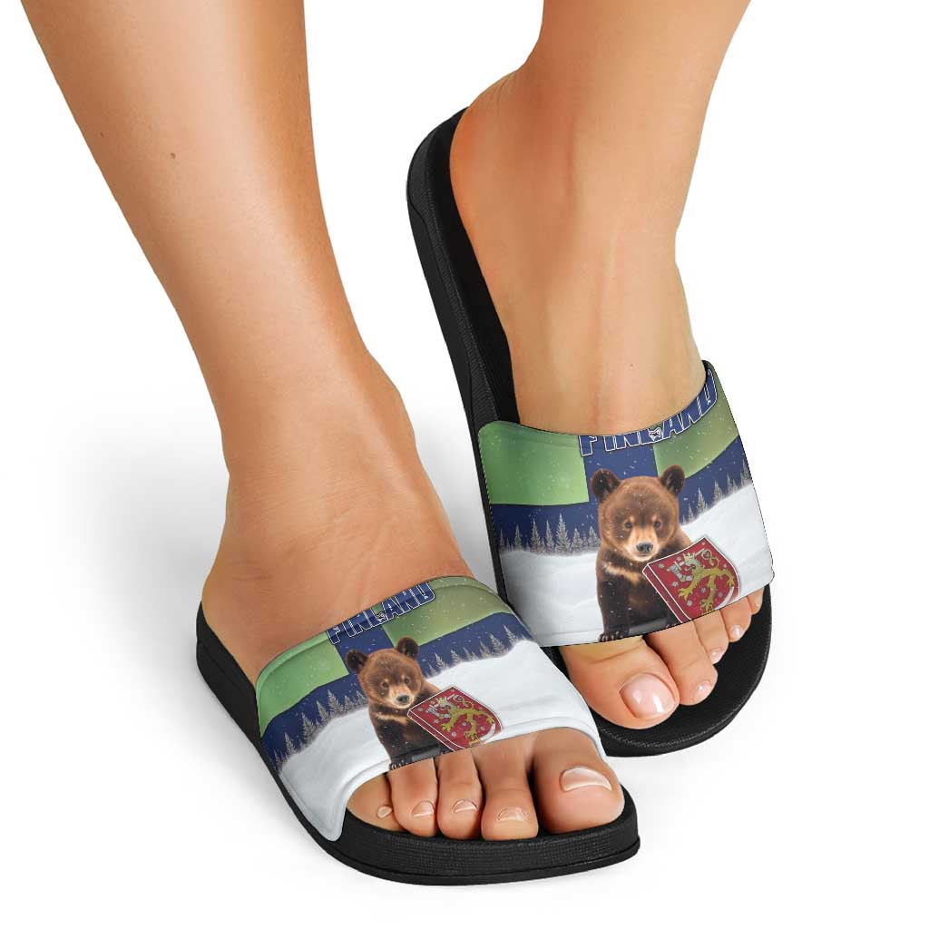 Finland Slide Sandals Brown Bear With Symbol Under The Aurora Sky - Wonder Print Shop