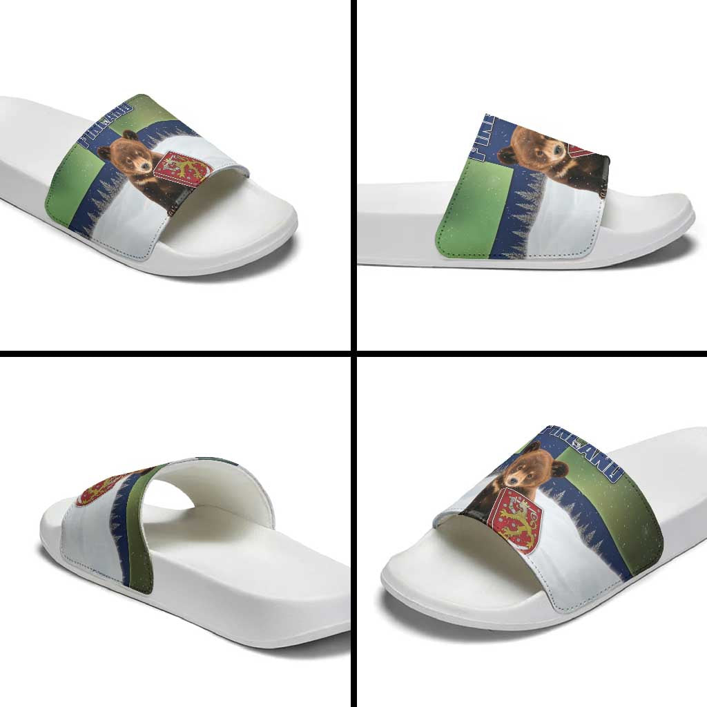 Finland Slide Sandals Brown Bear With Symbol Under The Aurora Sky - Wonder Print Shop