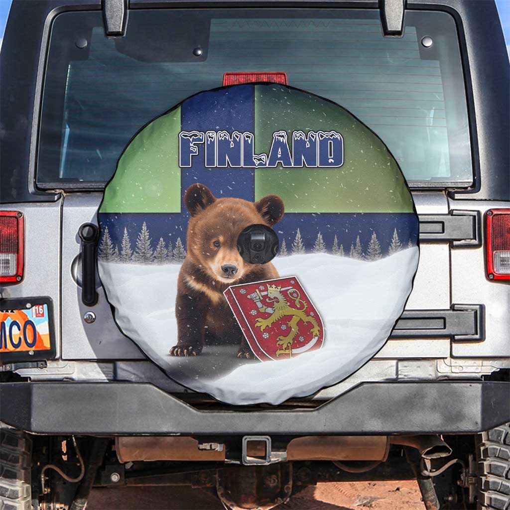 Finland Spare Tire Cover Brown Bear With Symbol Under The Aurora Sky - Wonder Print Shop
