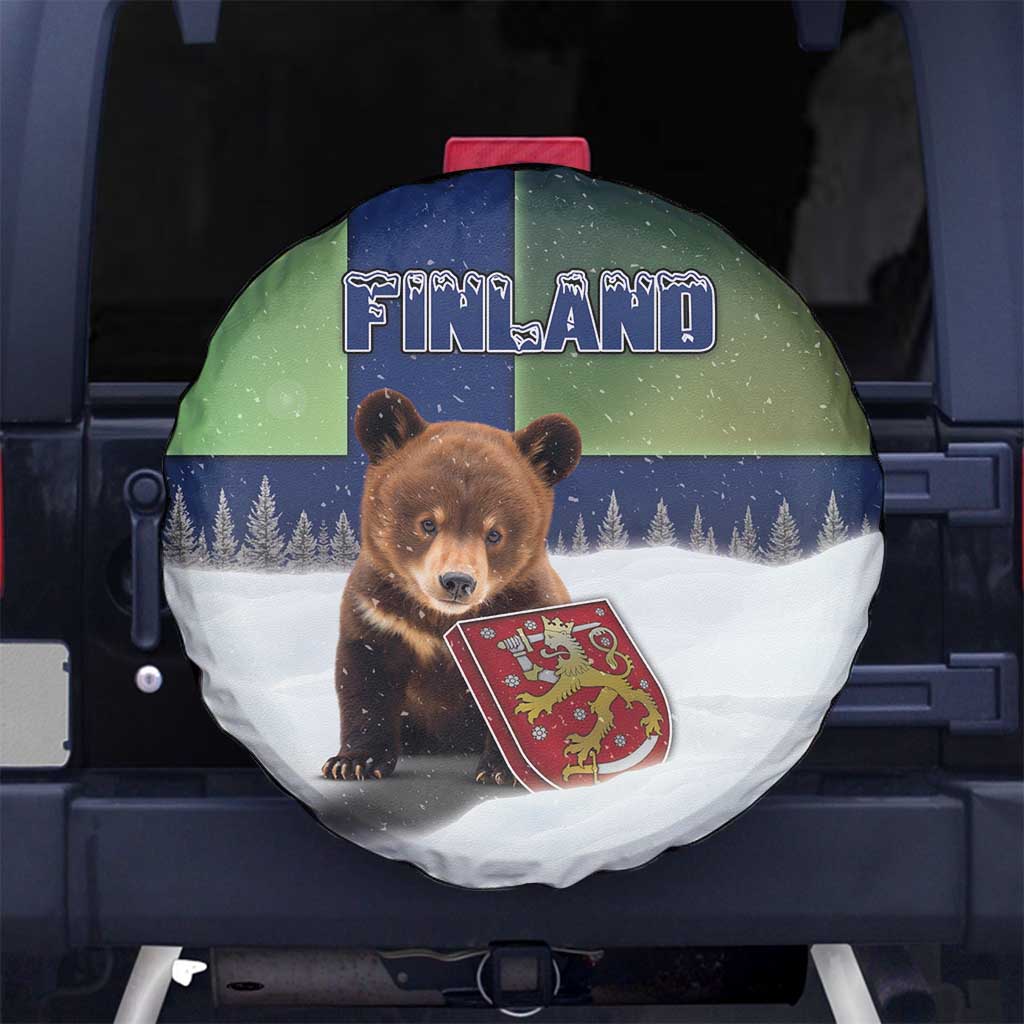 Finland Spare Tire Cover Brown Bear With Symbol Under The Aurora Sky - Wonder Print Shop